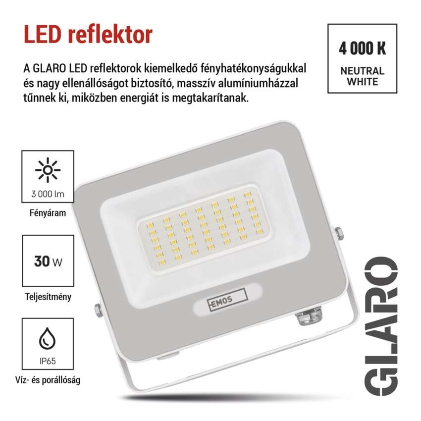 LED reflektor GLARO 30W, fehér, IP65, 3000 lm, természetes fehér