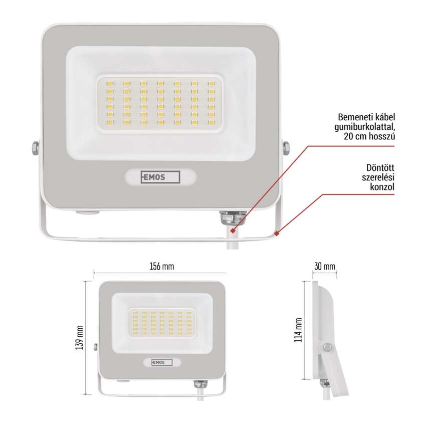 LED reflektor GLARO 30W, fehér, IP65, 3000 lm, természetes fehér