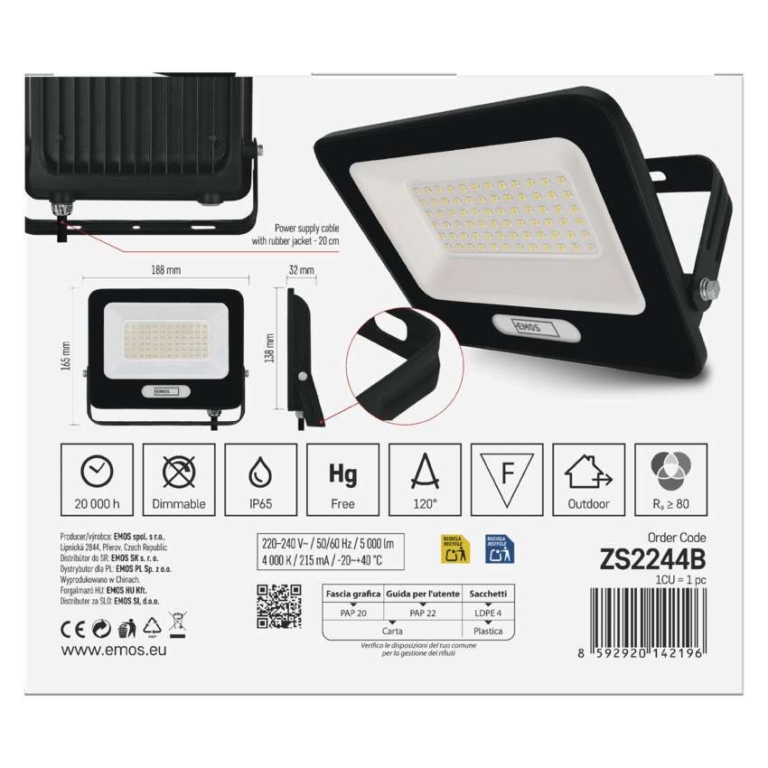 LED reflektor GLARO 50W, černý, IP65, 5000 lm, neutrální bílá