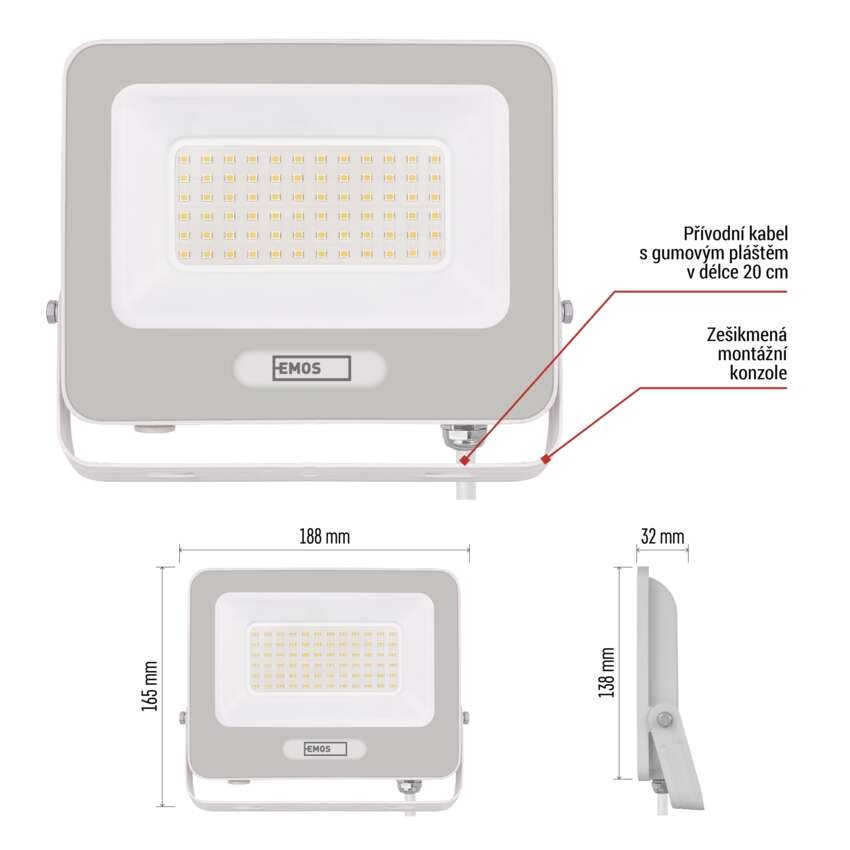 LED reflektor GLARO 50W, bílý, IP65, 5000 lm, neutrální bílá