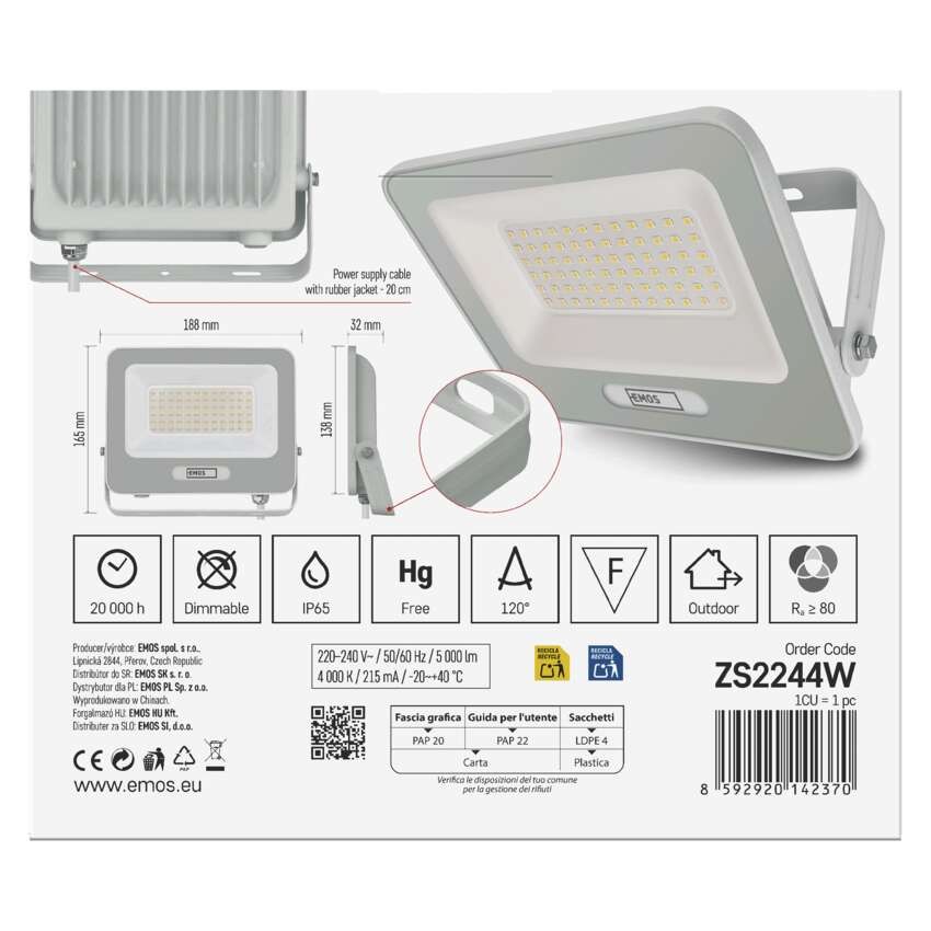 LED reflektor GLARO 50W, bílý, IP65, 5000 lm, neutrální bílá