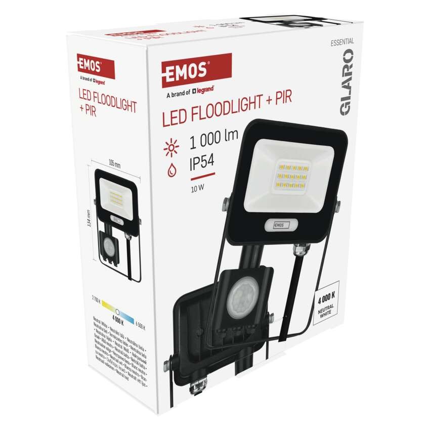 LED reflektor GLARO s pohybovým čidlem, 10 W, černý, IP54, 1000 lm, neutrální bílá