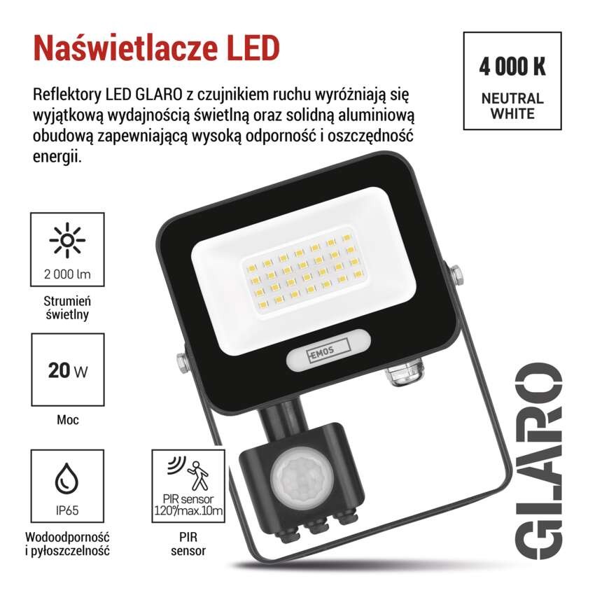 LED reflektor GLARO s pohybovým čidlem, 20 W, černý, IP54, 2000 lm, neutrální bílá