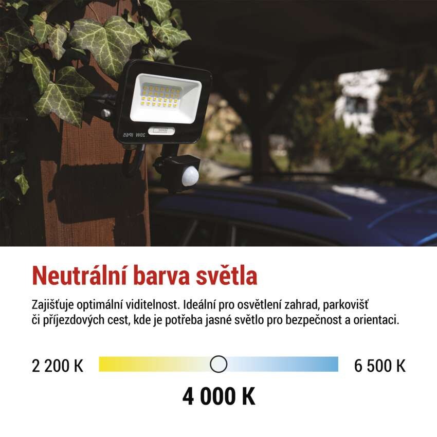 LED reflektor GLARO s pohybovým čidlem, 20 W, černý, IP54, 2000 lm, neutrální bílá