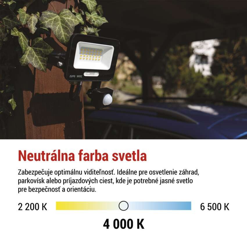 LED reflektor GLARO s pohybovým čidlem, 20 W, černý, IP54, 2000 lm, neutrální bílá