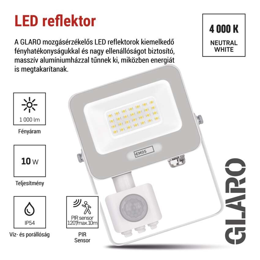 LED reflektor GLARO PIR 20 W, fehér, IP54, 2000 lm, természetes fehér