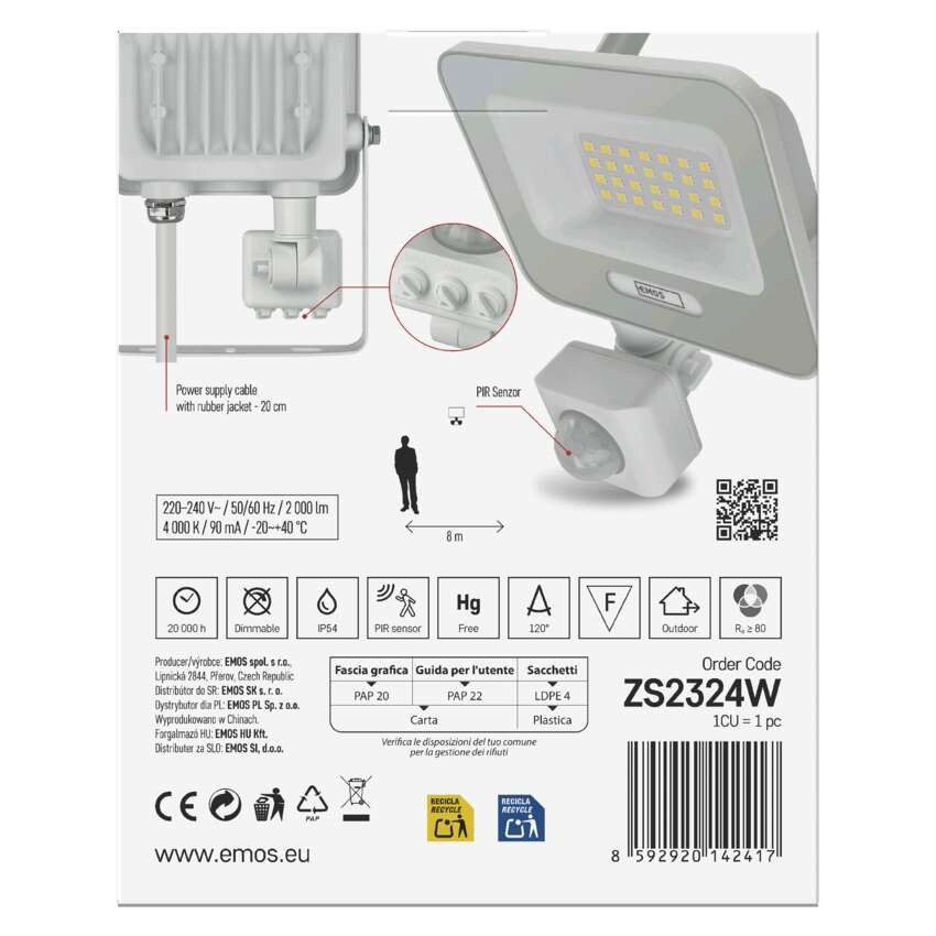 LED reflektor GLARO s pohybovým čidlem, 20 W, bílý, IP54, 2000 lm, neutrální bílá