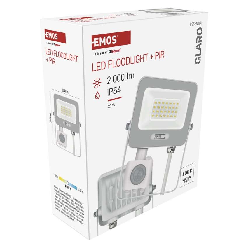 LED reflektor GLARO s pohybovým čidlem, 20 W, bílý, IP54, 2000 lm, neutrální bílá