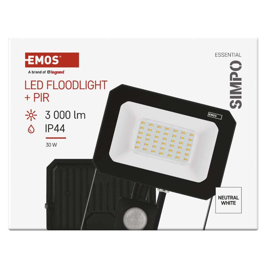 LED reflektor SIMPO s pohybovým čidlem, 30 W, černý, neutrální bílá