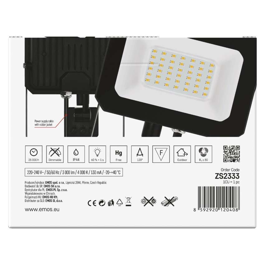 LED reflektor SIMPO s pohybovým čidlem, 30 W, černý, neutrální bílá