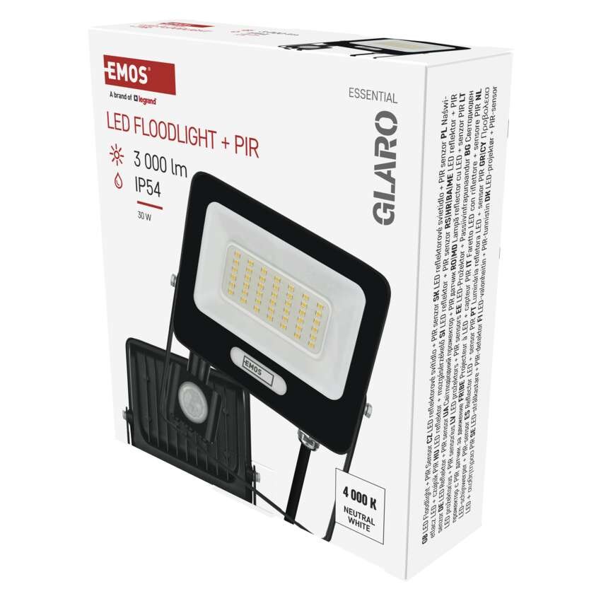 LED reflektor GLARO s pohybovým čidlem, 30 W, černý, IP54, 3000 lm, neutrální bílá