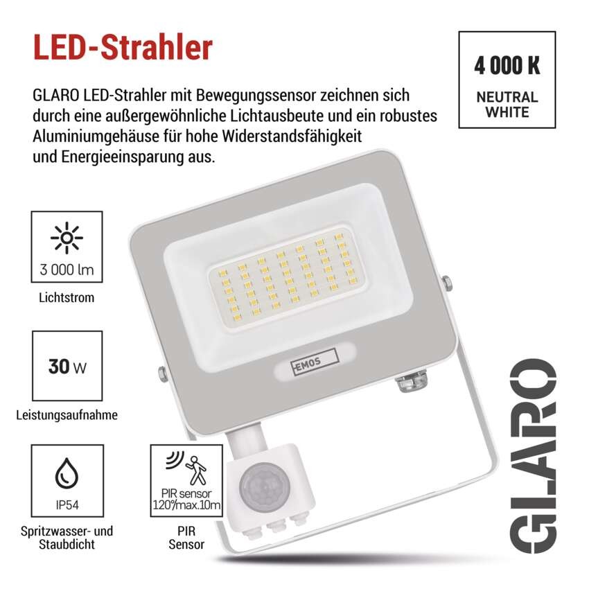 LED reflektor GLARO mit Bewegungssensor, 30 W,weiß, IP54, 3000 lm, neutralweiß