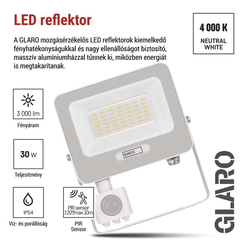LED reflektor GLARO PIR 30 W, fehér, IP54, 3000 lm, természetes fehér