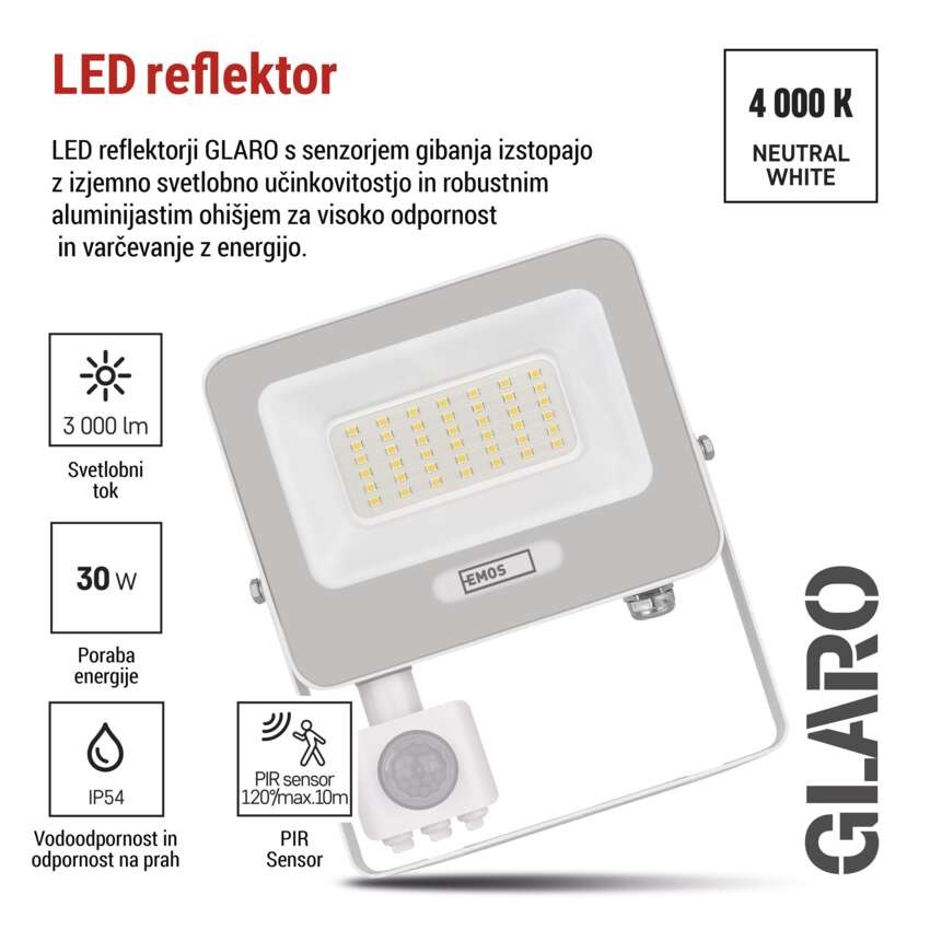 LED reflektor GLARO PIR 30 W, bel, IP54, 3000 lm, nevtralna bela