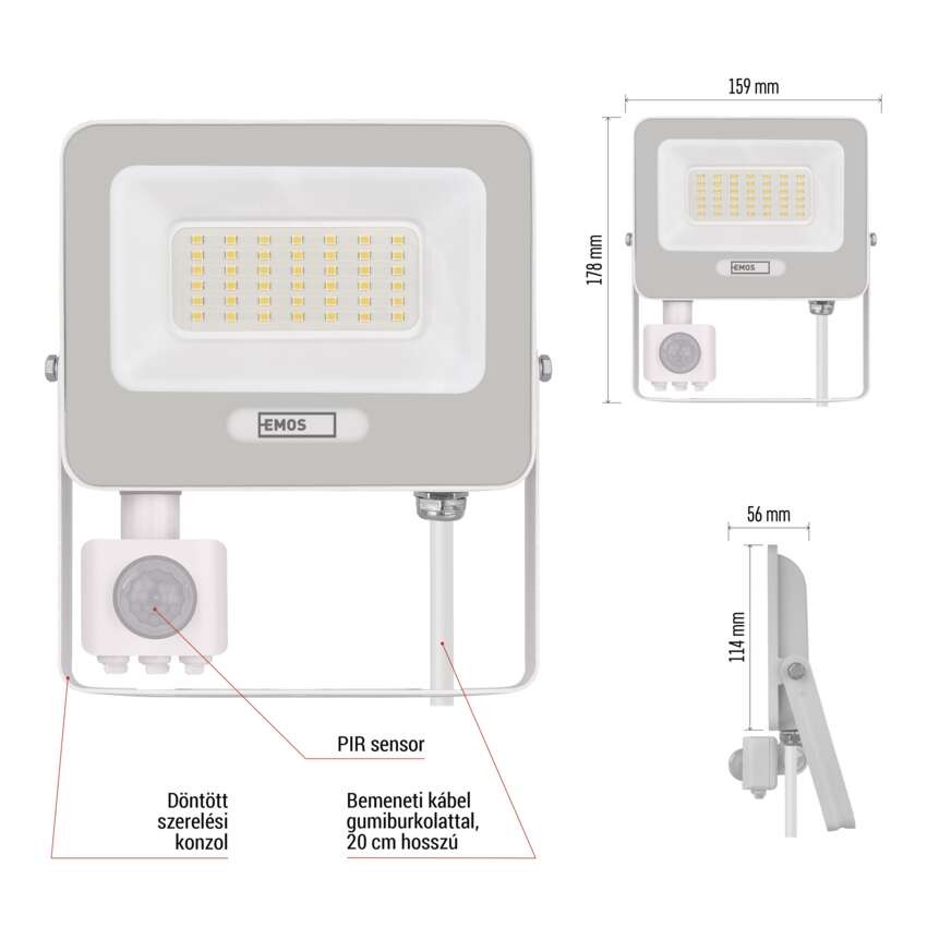 LED reflektor GLARO PIR 30 W, fehér, IP54, 3000 lm, természetes fehér
