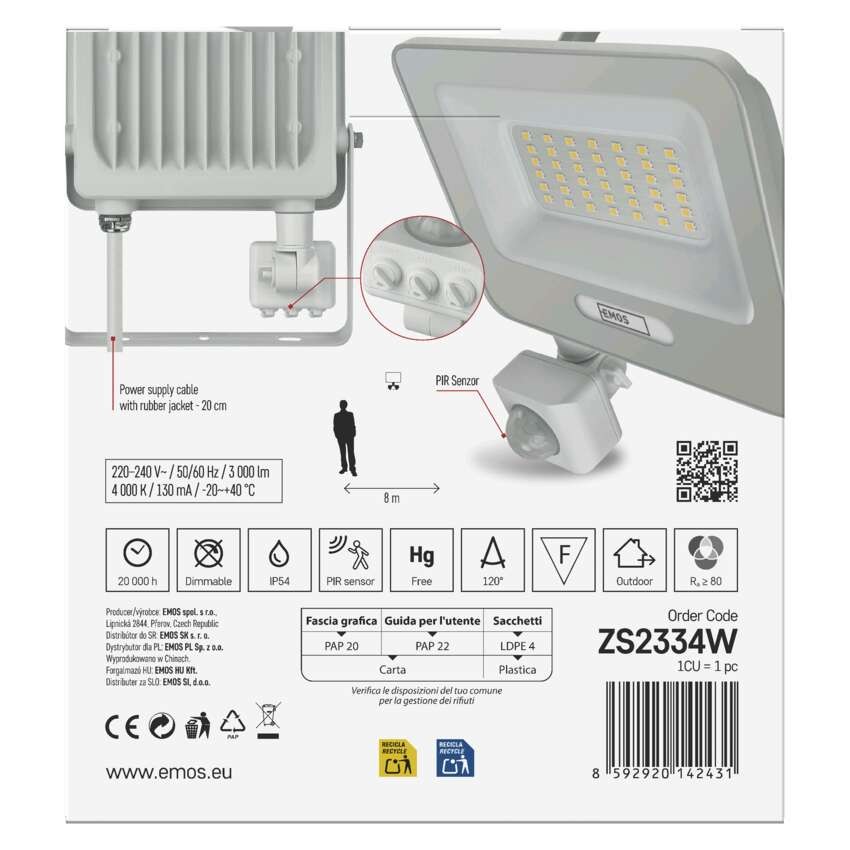 LED reflektor GLARO s pohybovým čidlem, 30 W, bílý, IP54, 3000 lm, neutrální bílá