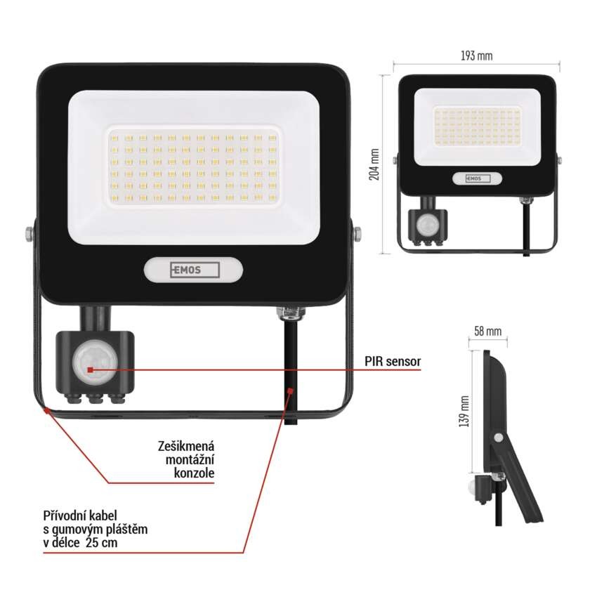 LED reflektor GLARO s pohybovým čidlem, 50 W, černý, IP54, 5000 lm, neutrální bílá