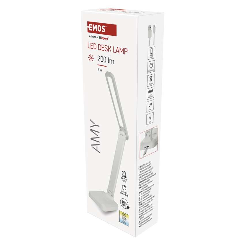 LED stolní lampa AMY, nabíjecí, bílá