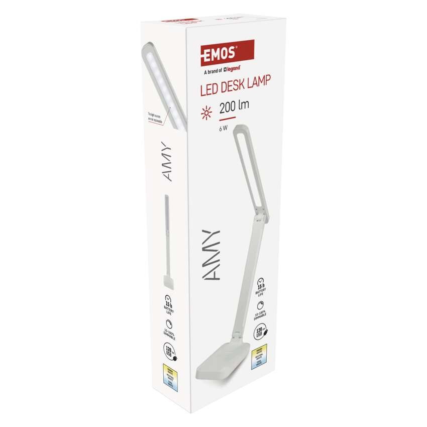 LED stolní lampa AMY, nabíjecí, bílá
