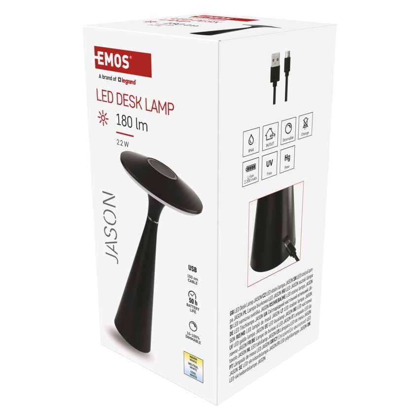 LED stolní lampa JASON, nabíjecí, černá