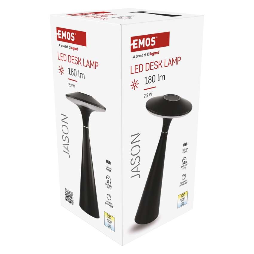 LED stolní lampa JASON, nabíjecí, černá