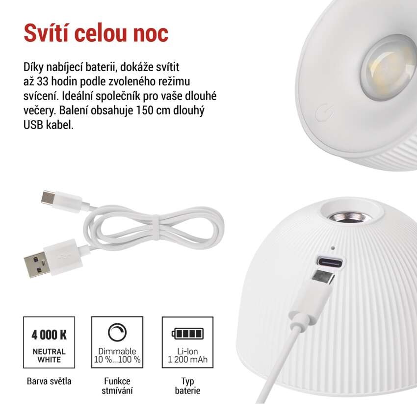 LED stolní lampa SOPHIE, nabíjecí, bílá