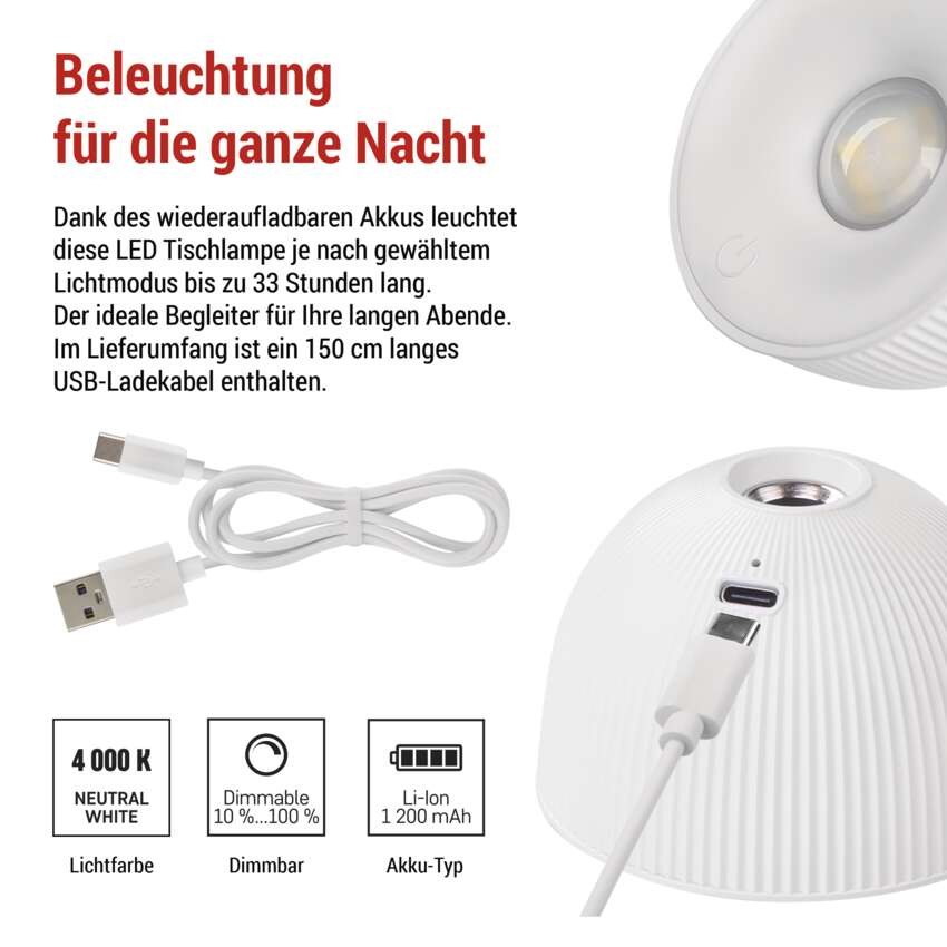 LED Schreibtischlampe SOPHIE, wiederaufladbar, weiss