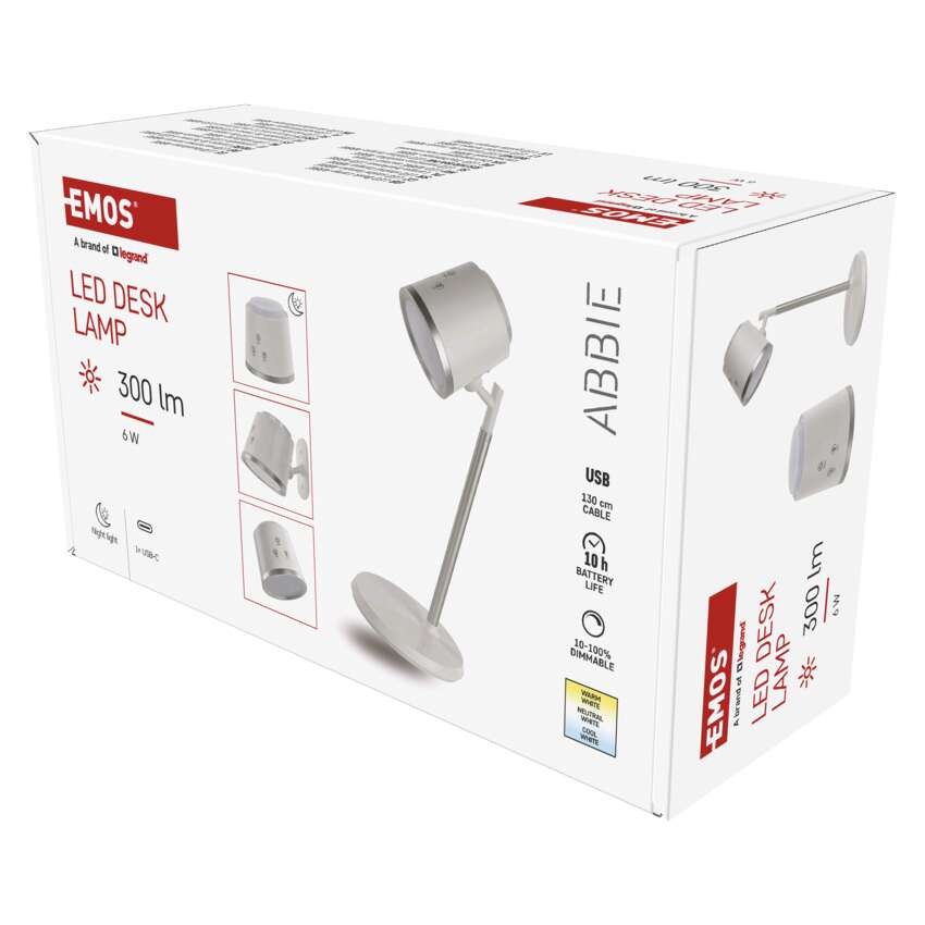 LED stolní lampa ABBIE, nabíjecí, bílá