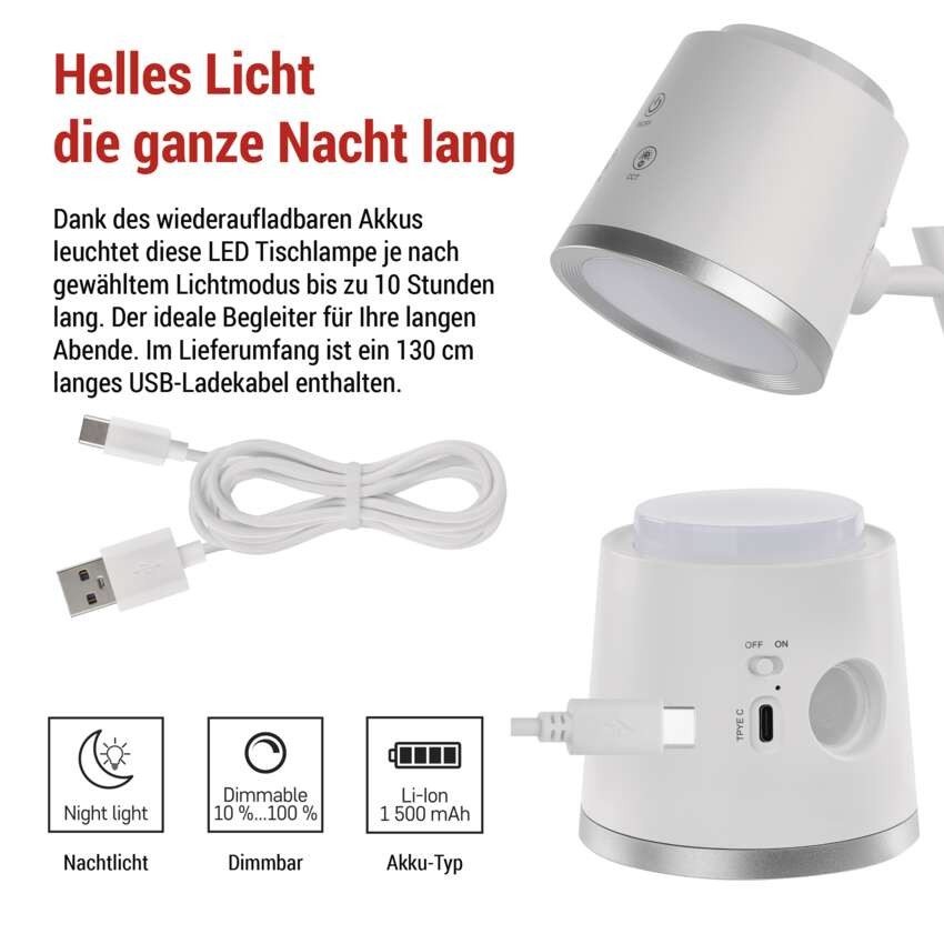 LED Schreibtischlampe ABBIE, wiederaufladbar, weiss
