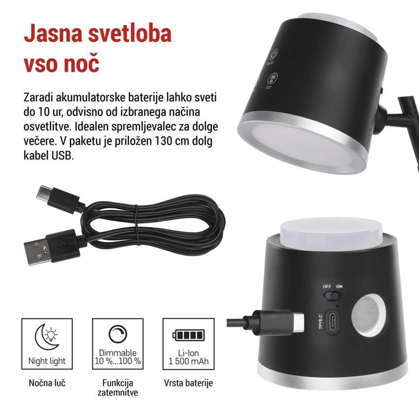 Namizna LED svetilka ABBIE, polnilna, črna