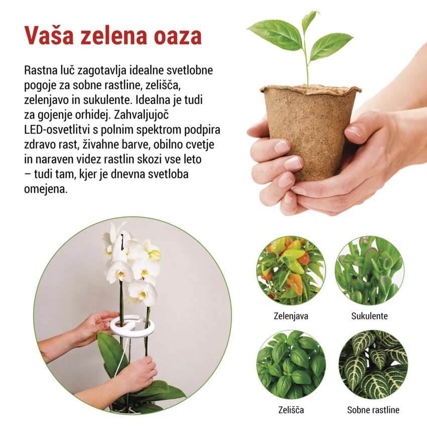 LED svetilka za rastline, polni spekter, 39 LED diod, notranja, časovnik, zatemnljiva
