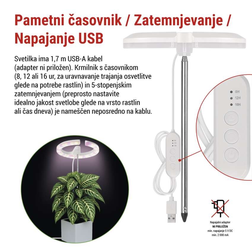 LED svetilka za rastline, polni spekter, 39 LED diod, notranja, časovnik, zatemnljiva