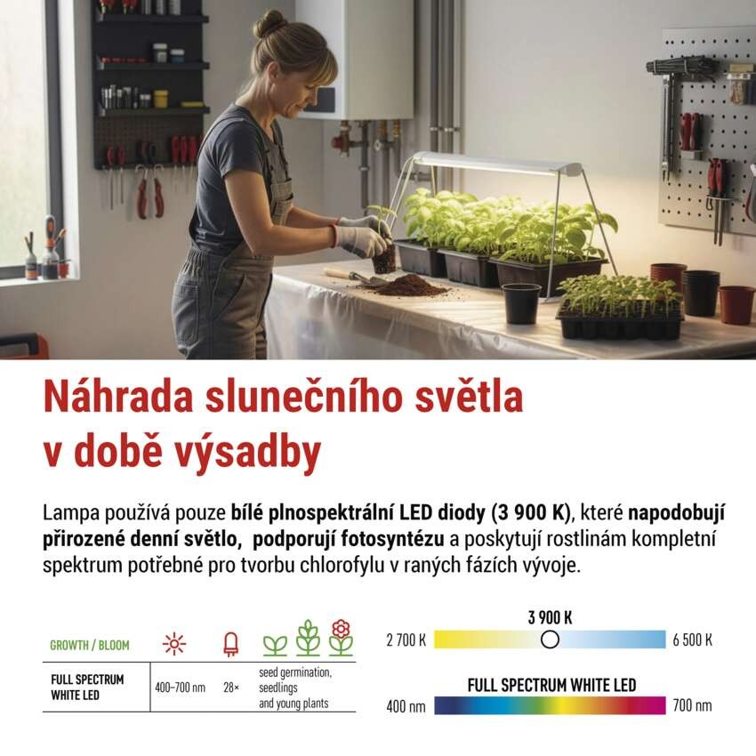 LED GROW pěstební lampa na sazenice 15 W, časovač, bílá