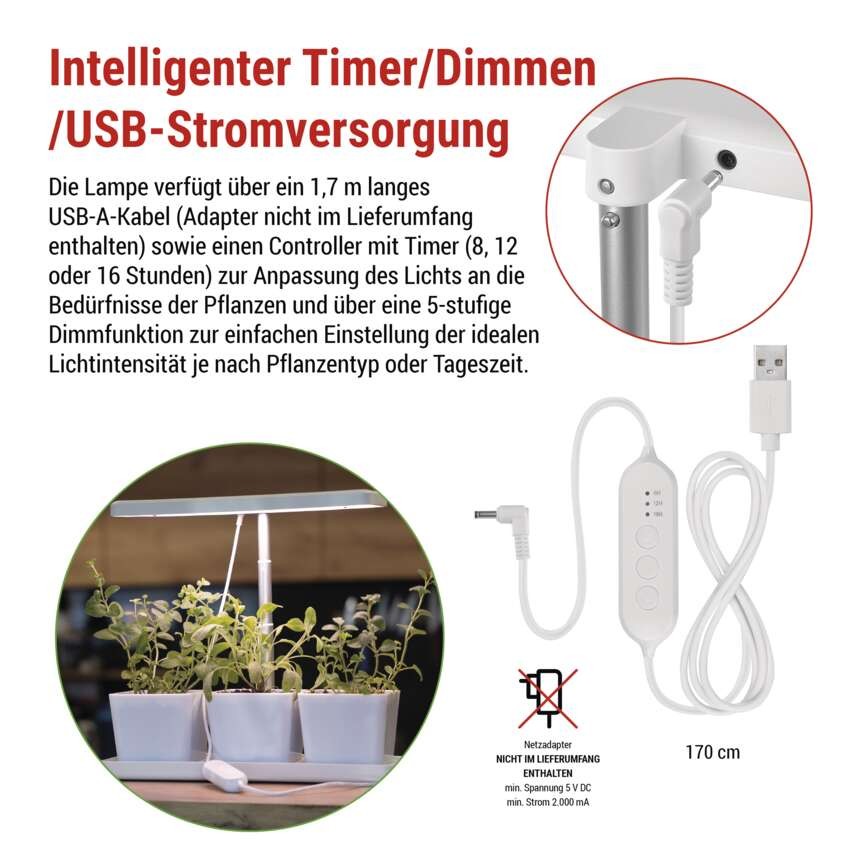 Pflanzenlampe LED Vollspektrum, 30 LEDs, für Innenräume, mit Zeitschaltuhr, dimmbar