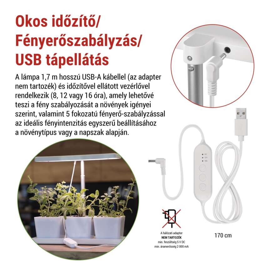 LED növénynevelő lámpa, teljes spektrum, 30 LED, beltéri, időzítővel, dimmelhető