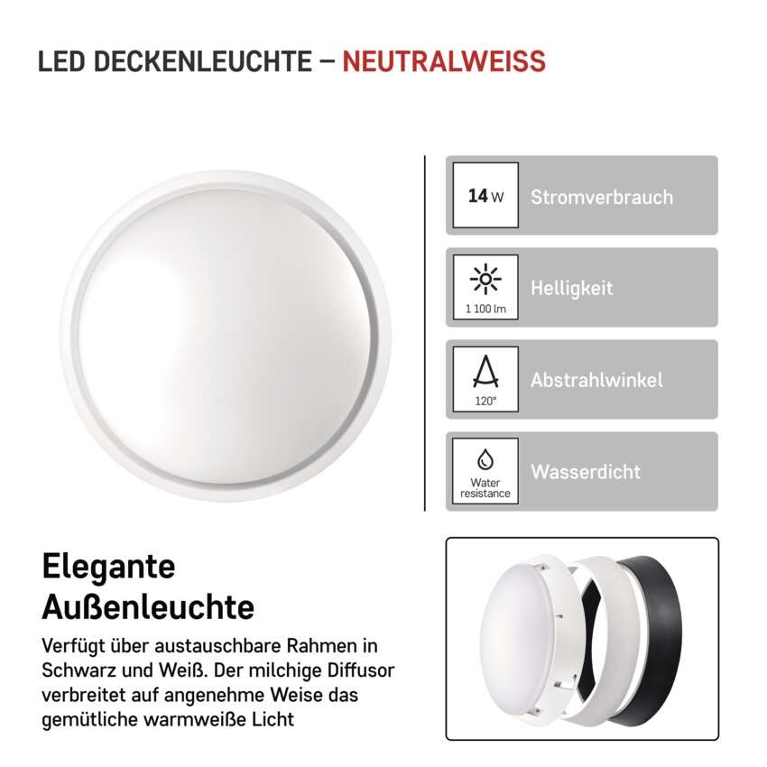 LED Deckenleuchte, rund, schw./w. 14W neutralweiss