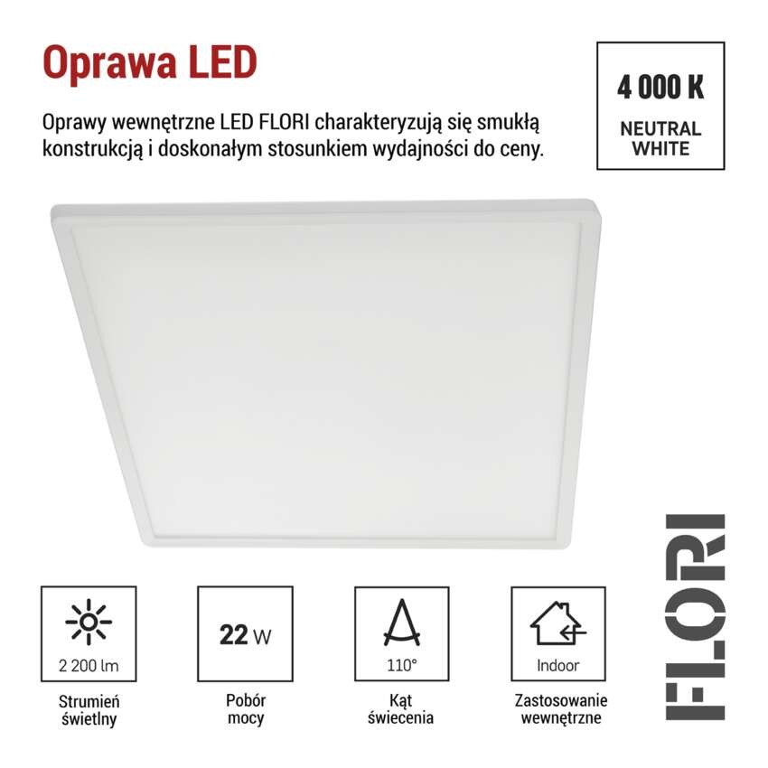 Oprawa LED FLORI kwadratowy, biała, 22W, neutralna biel