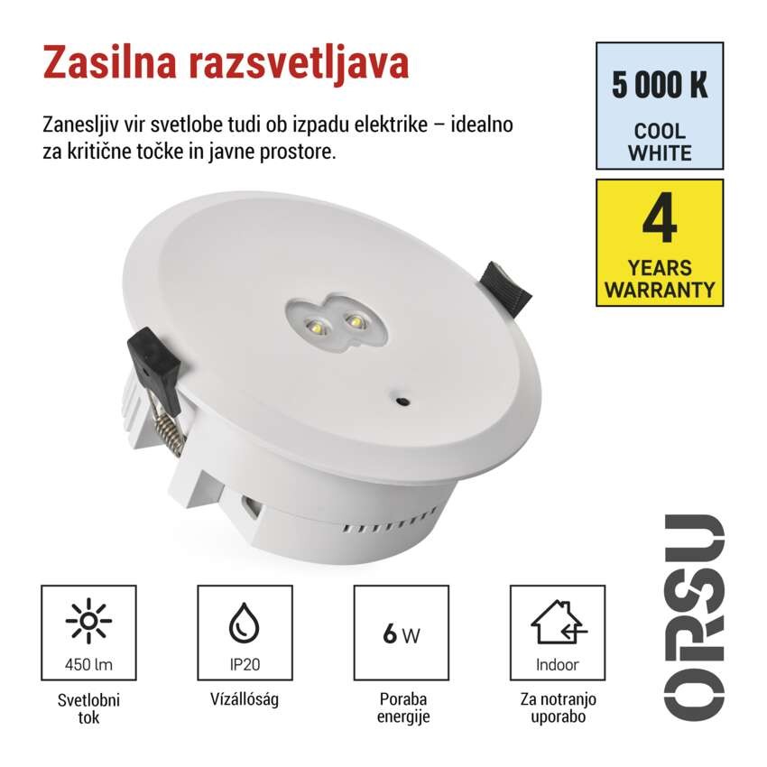 Zasilno LED svetilo ORSU, 6W, 450LM, 3h