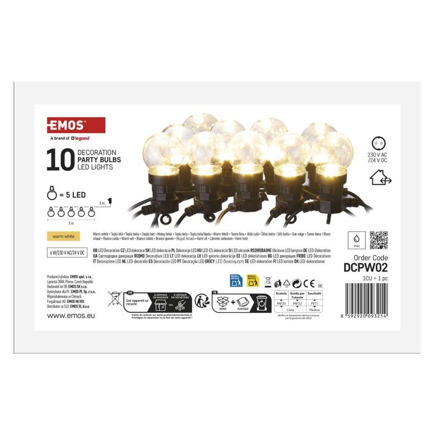 LED fényfüzér – 10x party égő, átlátszó, 5 m, kültéri és beltéri, meleg fehér