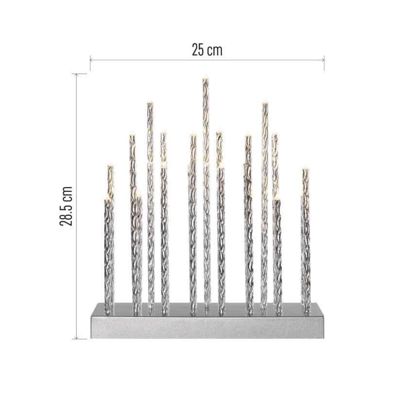 LED gyertyatartó, ezüst, 28,5 cm, 3x AA, beltéri, meleg fehér, időzítő