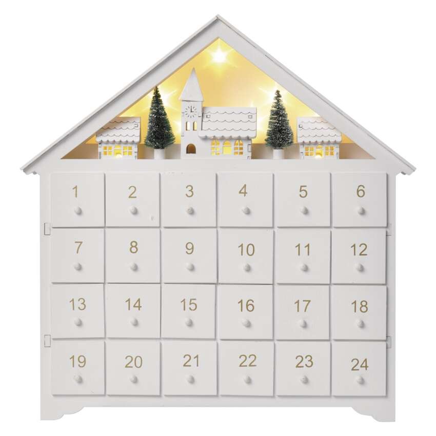 LED Adventskalender aus Holz, 35x33 cm, 2x AA, Innen, warmweiss, Timer
