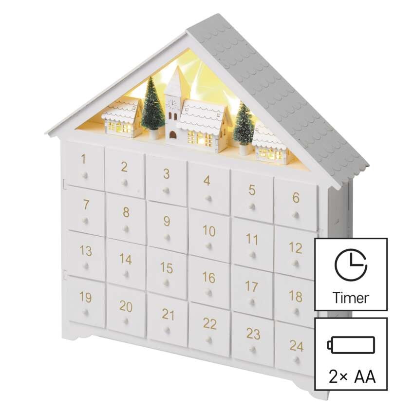 LED Adventskalender aus Holz, 35x33 cm, 2x AA, Innen, warmweiss, Timer
