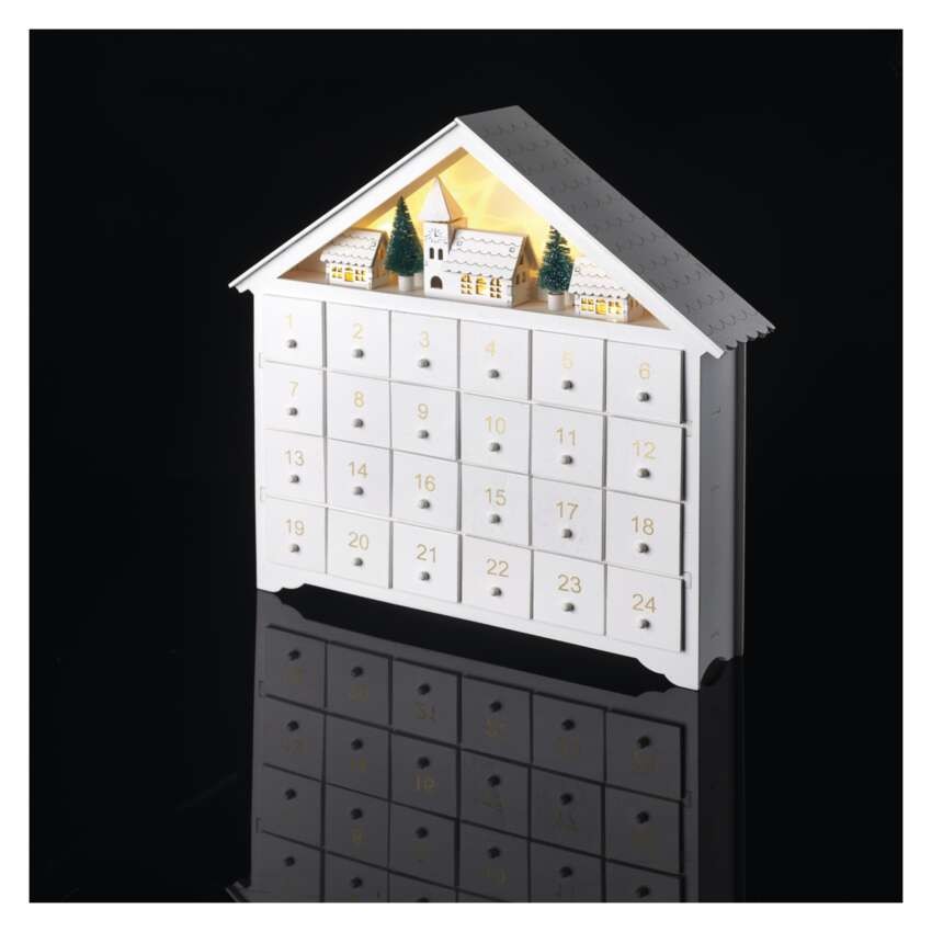 LED Adventskalender aus Holz, 35x33 cm, 2x AA, Innen, warmweiss, Timer
