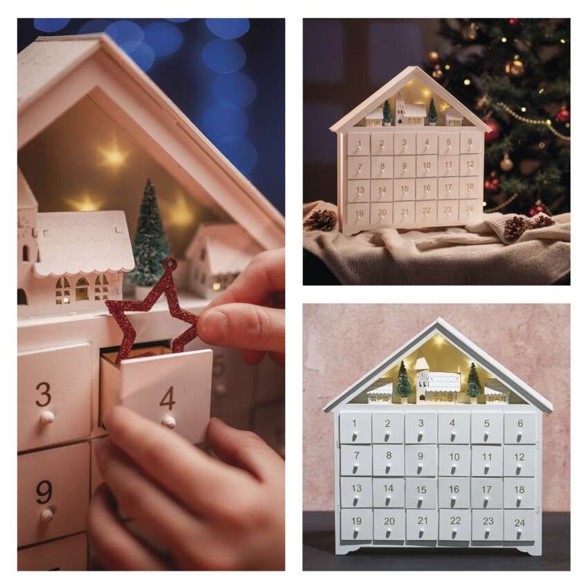 LED Adventskalender aus Holz, 35x33 cm, 2x AA, Innen, warmweiss, Timer