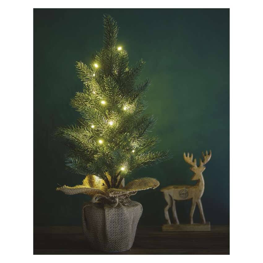 LED karácsonyfa, havas, 52 cm, 3x AA, beltéri, meleg fehér, időzítő
