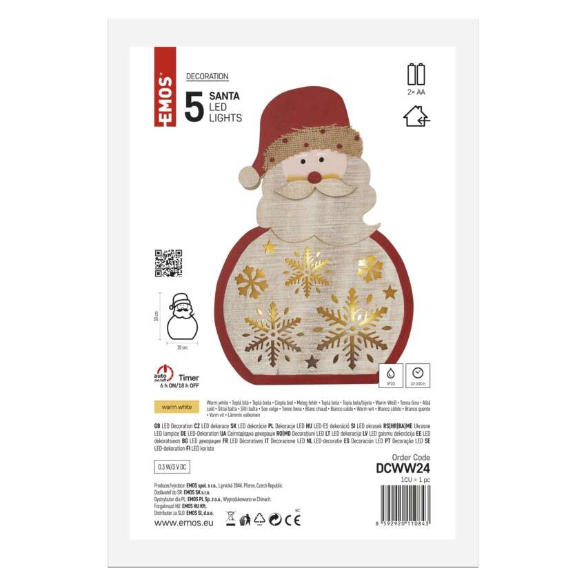 LED Holzdekoration – Santa, 30 cm, 2x AA, Innen, warmweiss, Timer