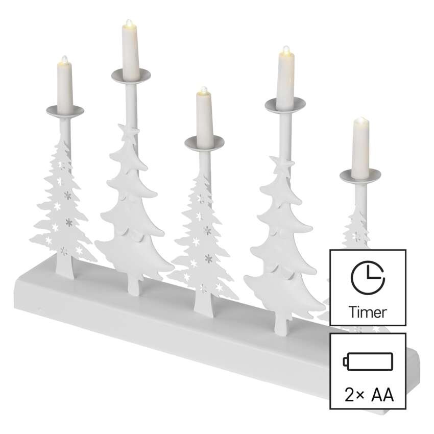 LED svícen – vánoční stromy se svíčkami, 24 cm, 2x AA, vnitřní, teplá bílá, časovač