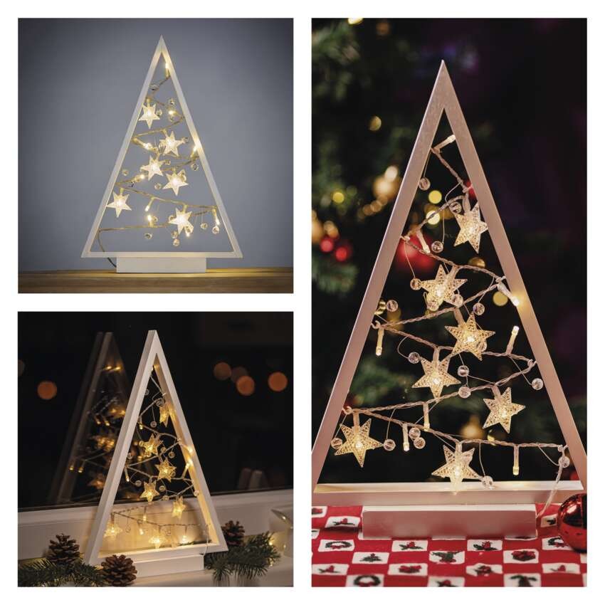LED Deko – Beleuchteter Baum mit Ornamenten, 40 cm, 2x AA, Innen, warmweiss, Timer