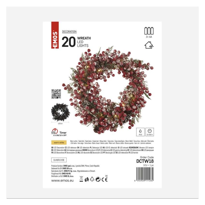 LED dekorierter Weihnachtskranz, 38 cm, 3x AA, Innen, warmweiss, Timer