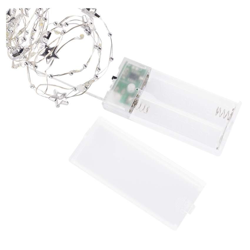 LED Weihnachtslichterkette silberfarben – Sternchen, 1,9 m 2x AA, Innen, warmweiss, Timer